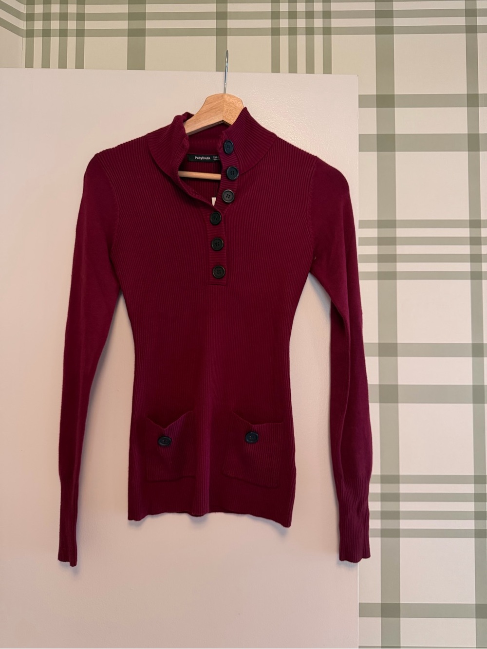PattyBoutik Burgundy Button-Front Ribbed Knit Top